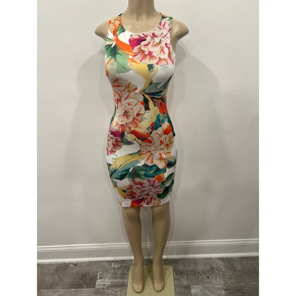 H&M Bodycon Dress Women's SZ XS White Multicolor Floral Scuba Bodycon Midi